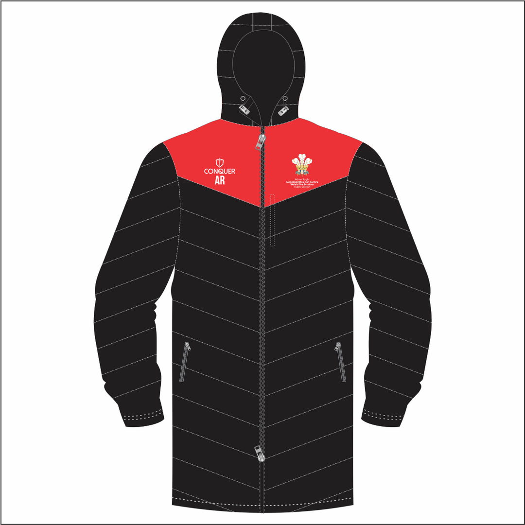 Welsh Fire Service Rugby Red Panel Long Puffy Jacket